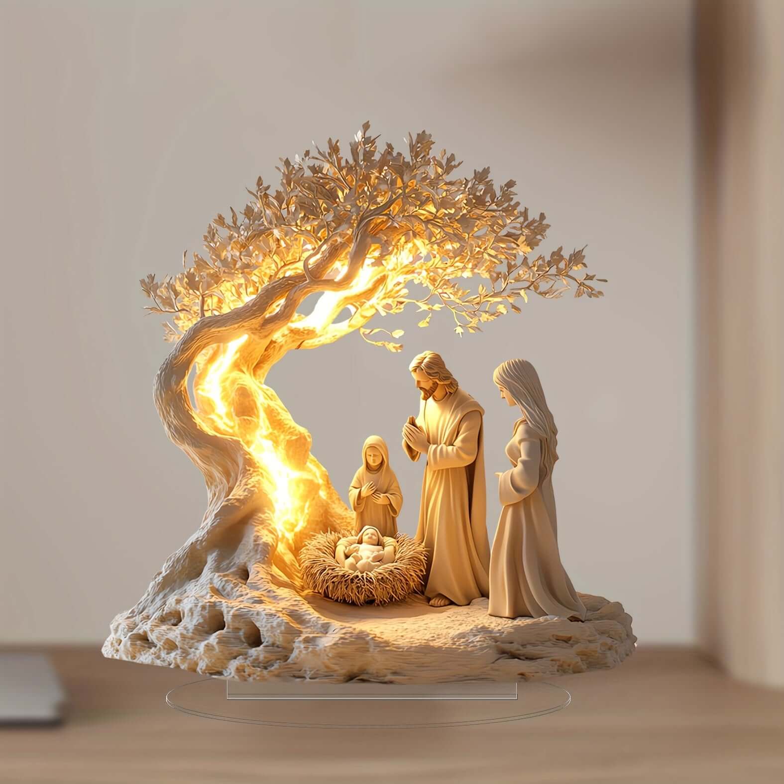 Classic acrylic nativity scene tabletop decor with illuminated tree, ideal for holiday decoration and versatile gifting.