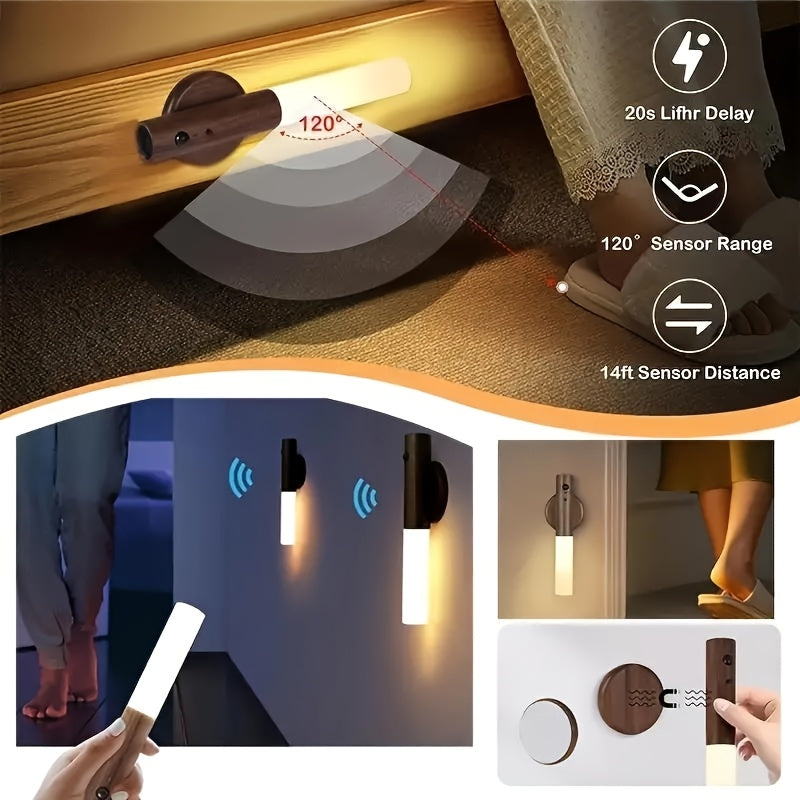 2pcs LED Wooden Sensor Night Light With Motion Sensor Wall Sconce, USB Rechargeable Dimmable 3 Color Temperature, Magnetic Mount For Bedroom Bedside, Closet, Cabinet, Staircase tableandwalllamps